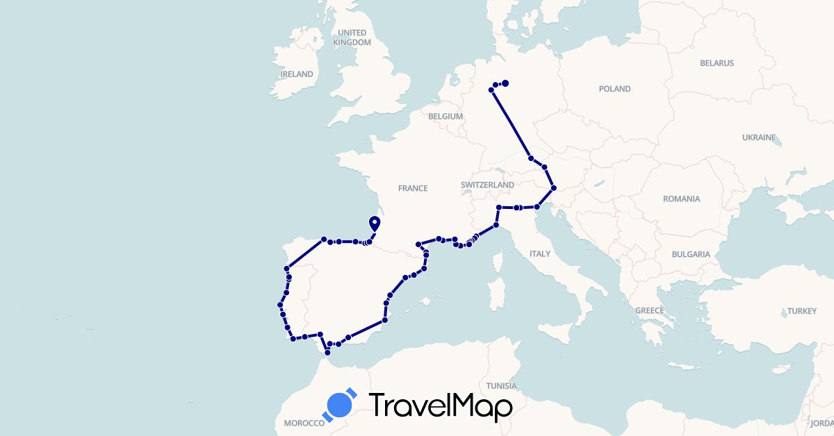 TravelMap itinerary: driving in Austria, Germany, Spain, France, Gibraltar, Italy, Portugal (Europe)
